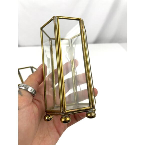 VTG Mini Brass Etched Glass Lantern Candle Holder Display Lot of 2 - Picture 7 of 16